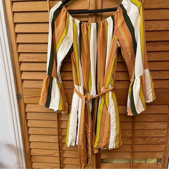 & Merci Striped Off-Shoulder Romper Jumper Size S Muted Orange Gold Playsuit Fun - Picture 10 of 12